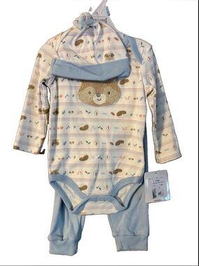 Little & Loved Blue Bear & Hedgehog Print Onesie & Pant Set with Hat 6-9M NWT